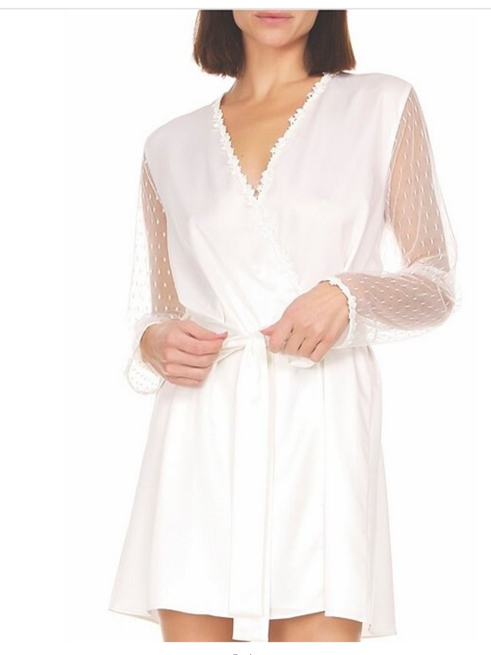 Flora Nikrooz Ivory Satin Wrap Robe with Sheer Dotted Sleeves